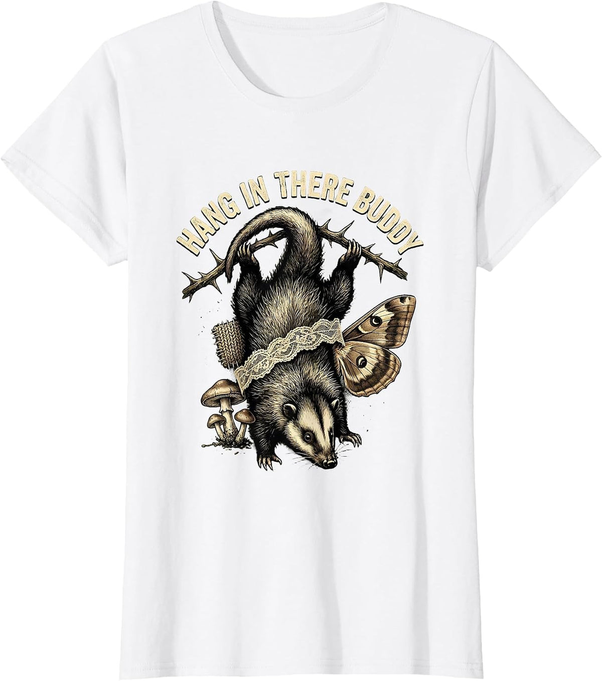 Hang In There Buddy Funny Opossum Design T-Shirt - White