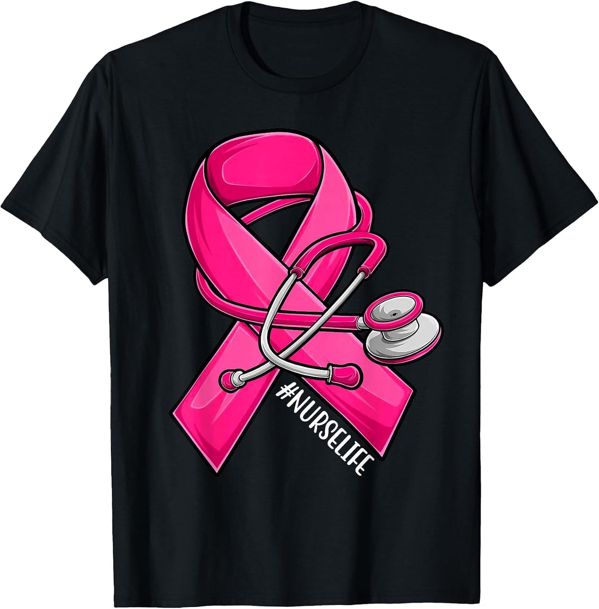 Pink Ribbon Stethoscope Nurse Life Breast Cancer Awareness T-Shirt - Black