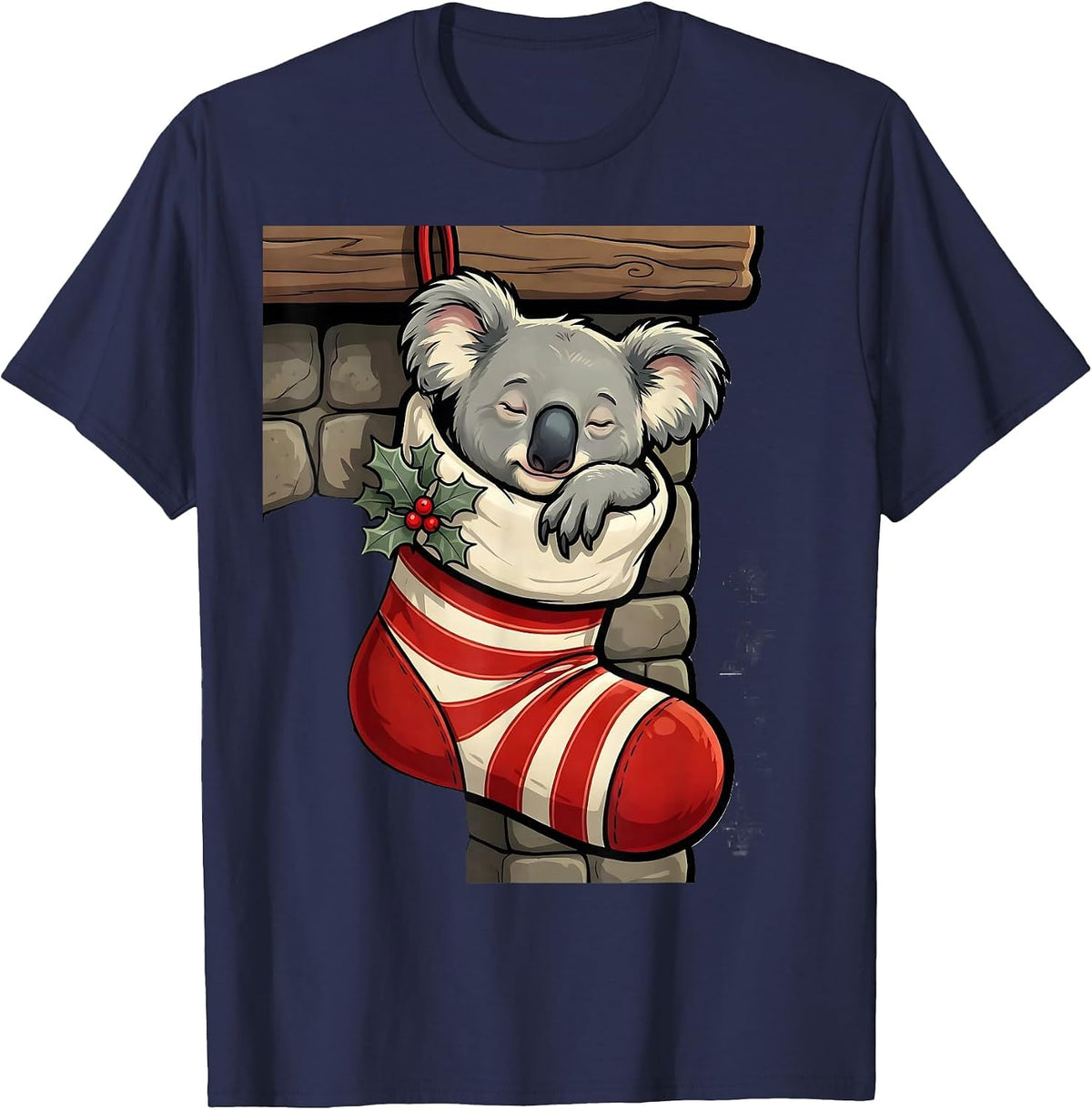 Men's Koala In Christmas Stocking Cartoon Funny Novelty T-Shirt - Navy Blue