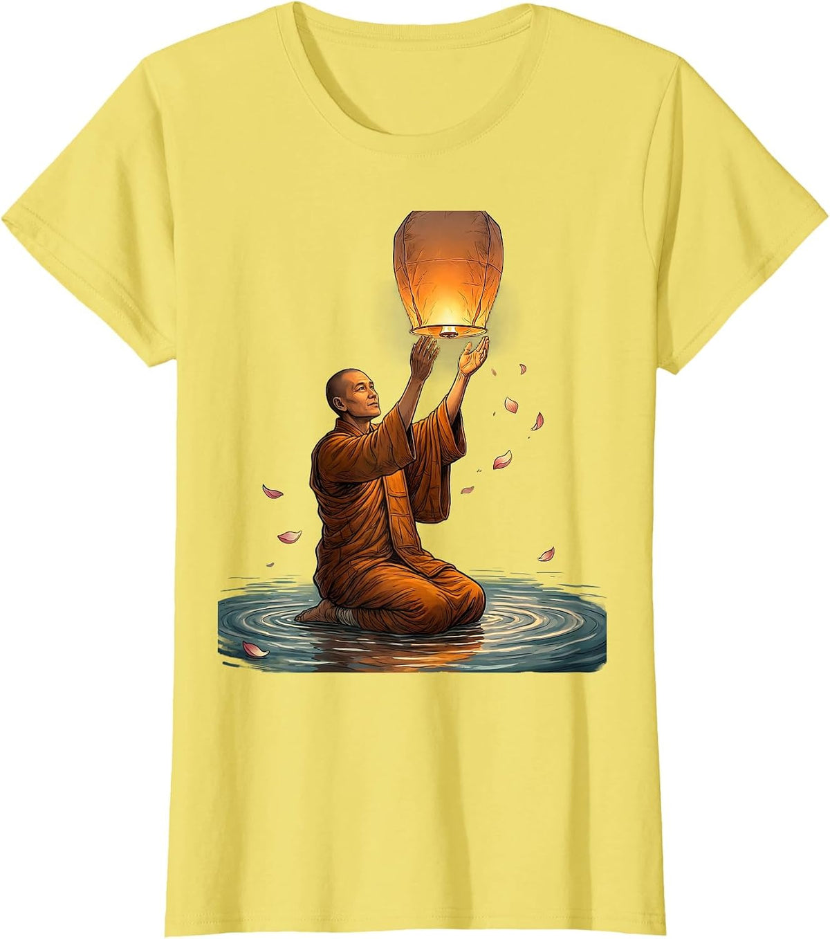 Buddhist Monk Floating Lantern Release Graphic T-Shirt - Lemon Yellow
