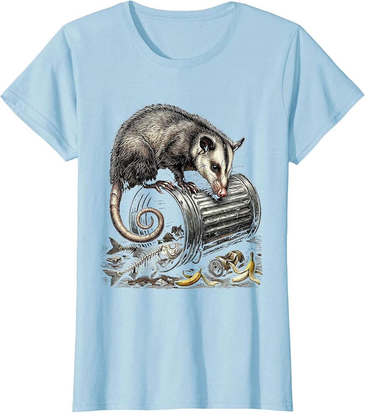 Opossum Trash Can Rummaging Funny Wildlife Art T-Shirt - Baby Blue