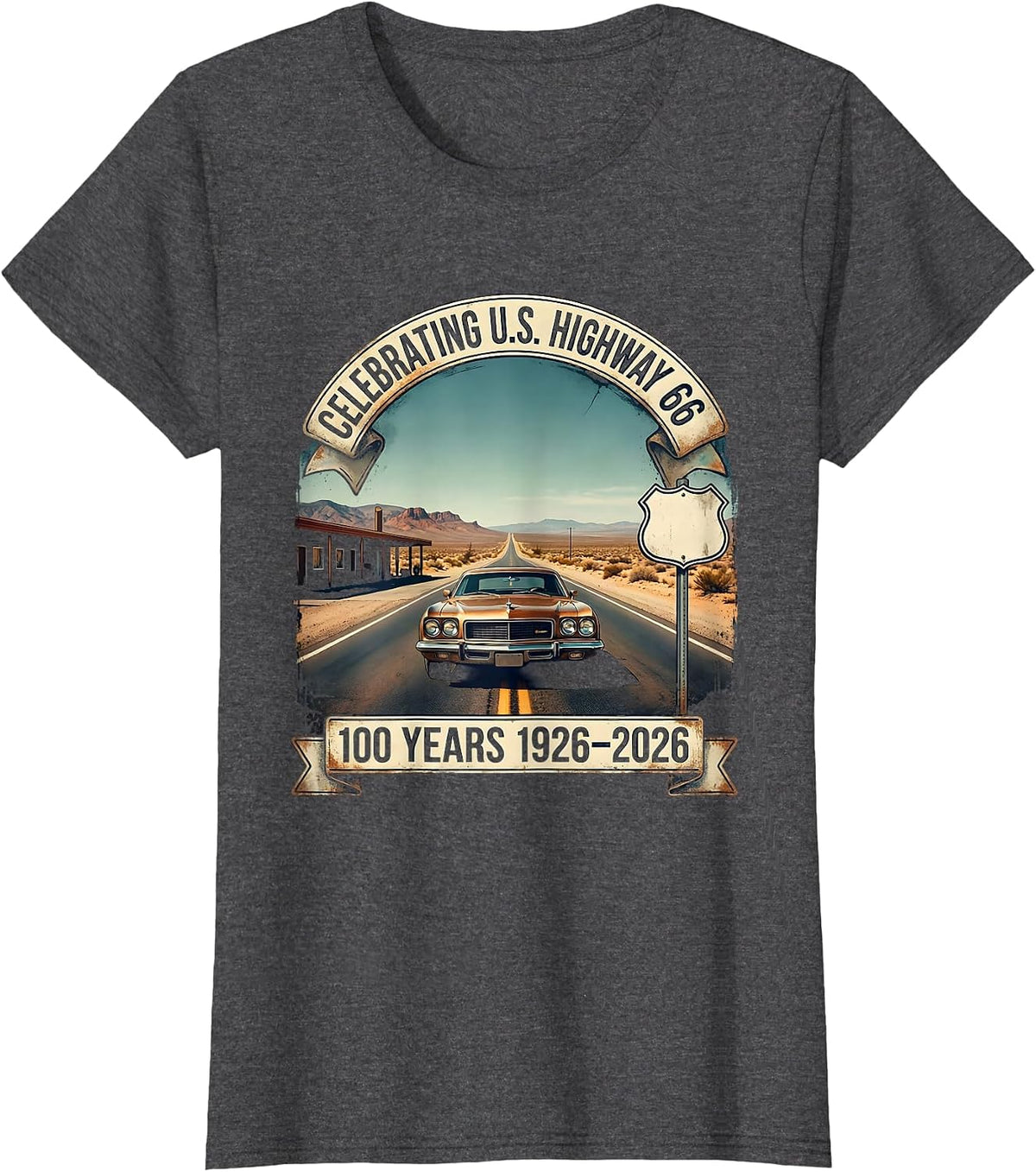 Women's Celebrating U.S. Highway 66 100 Years 1926-2026 Vintage T-Shirt - Dark Heather Grey