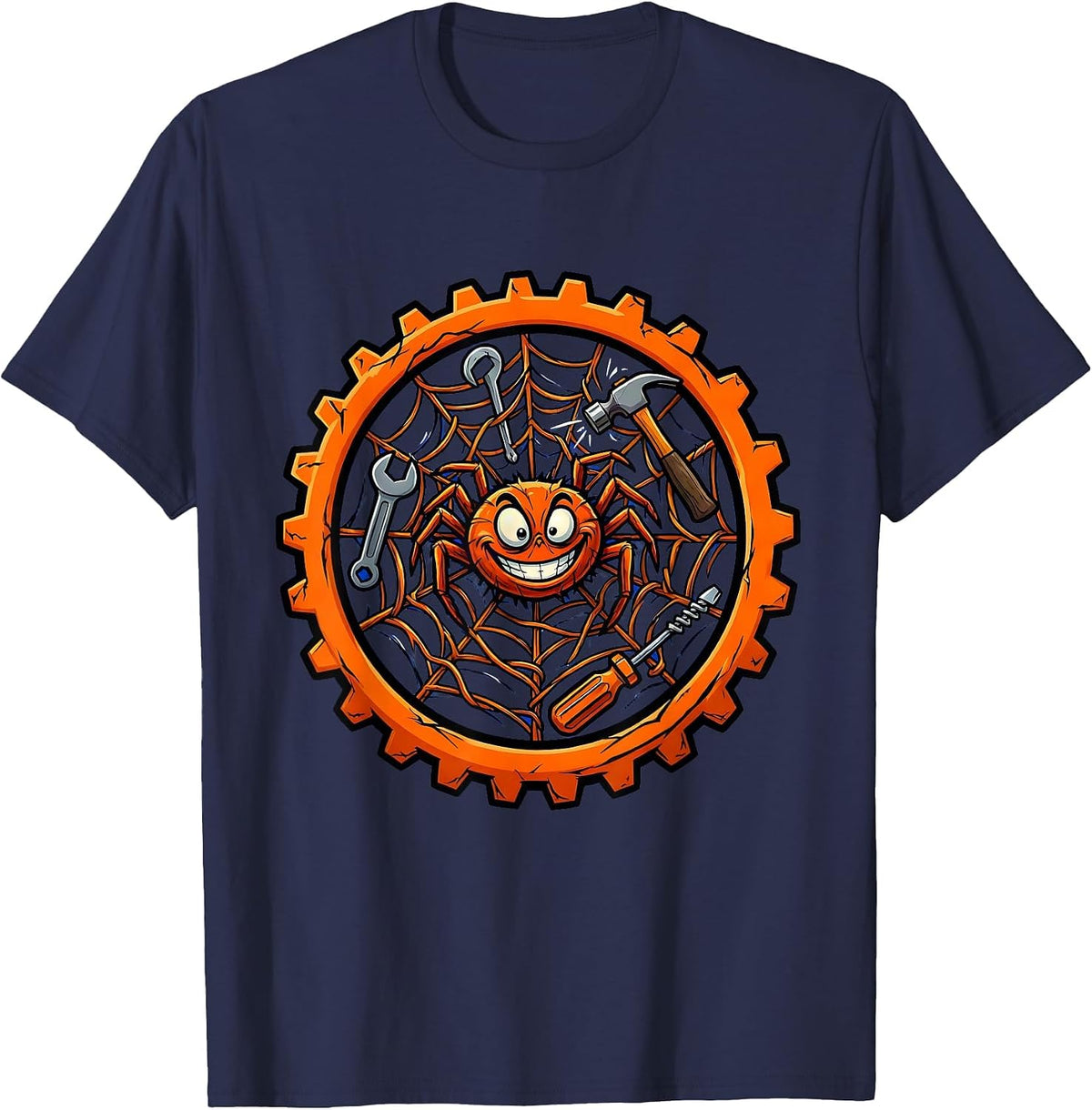 Unhinged Chaotic Spider Web Tangled Tools Design T-Shirt - Navy Blue