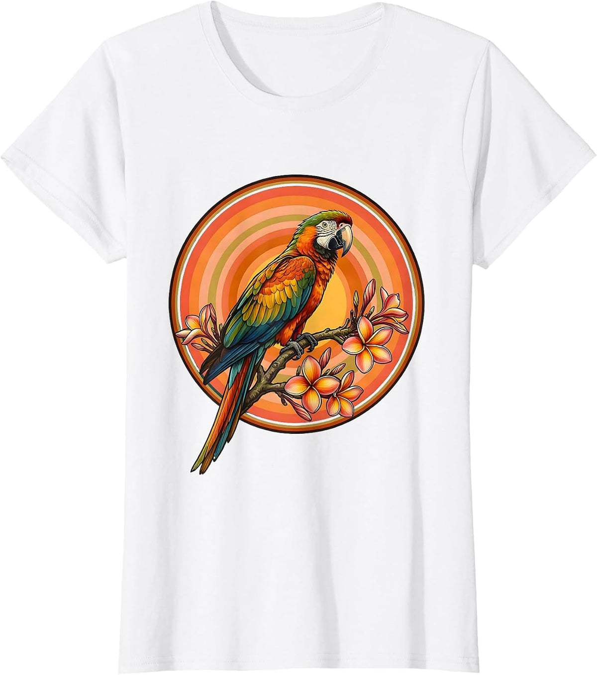 Macaw on Plumeria Branch Hawaiian Graphic T-Shirt - White