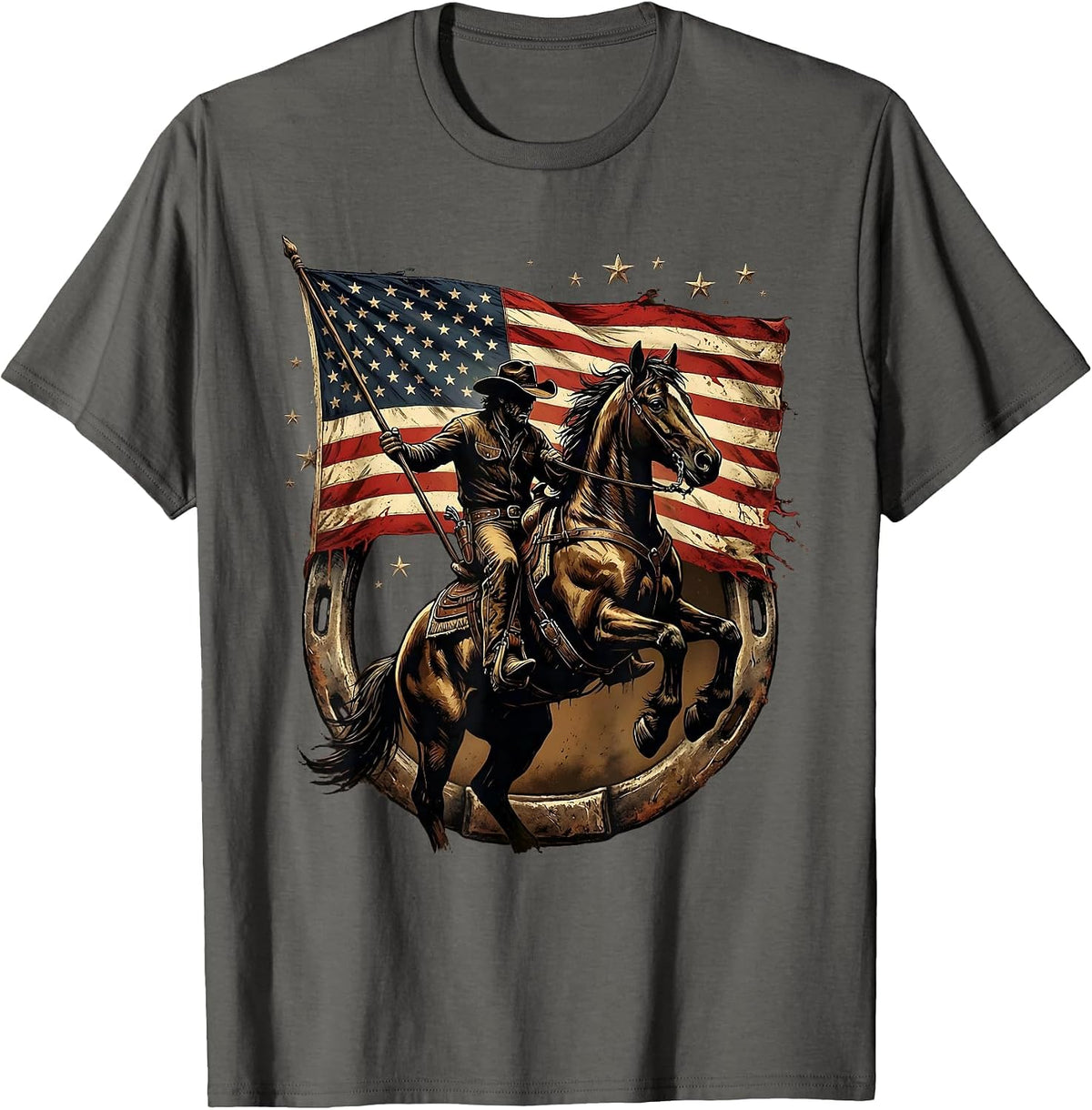 Cowboy on Horseback Carrying American Flag T-Shirt - Asphalt Grey