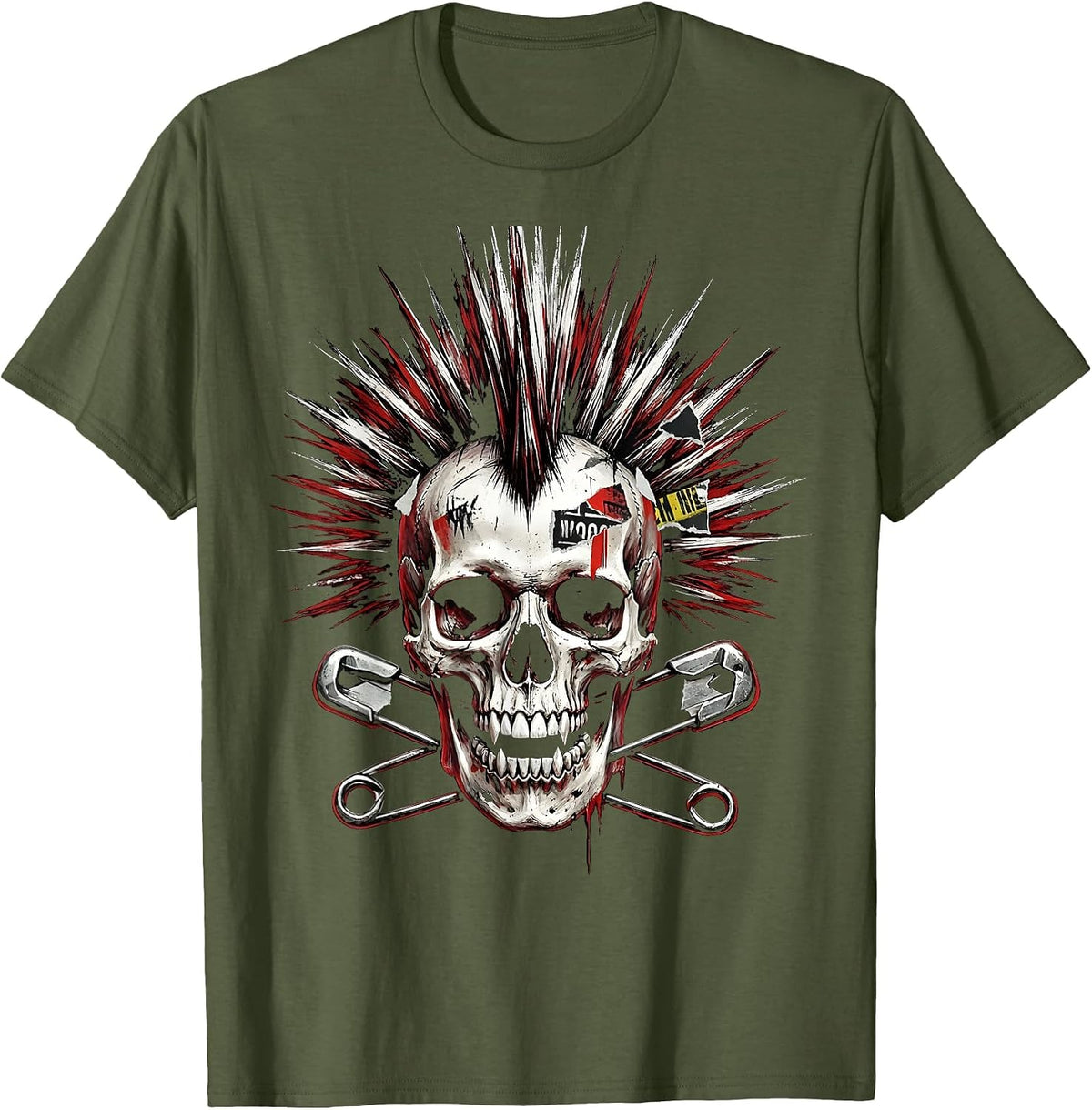 Mohawk Skull Crossed Safety Pins Punk Rock Design T-Shirt - Olive Green