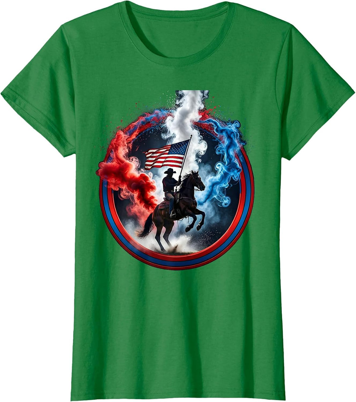 Patriotic Cowboy on Horseback Waving Flag T-Shirt - Kelly Green