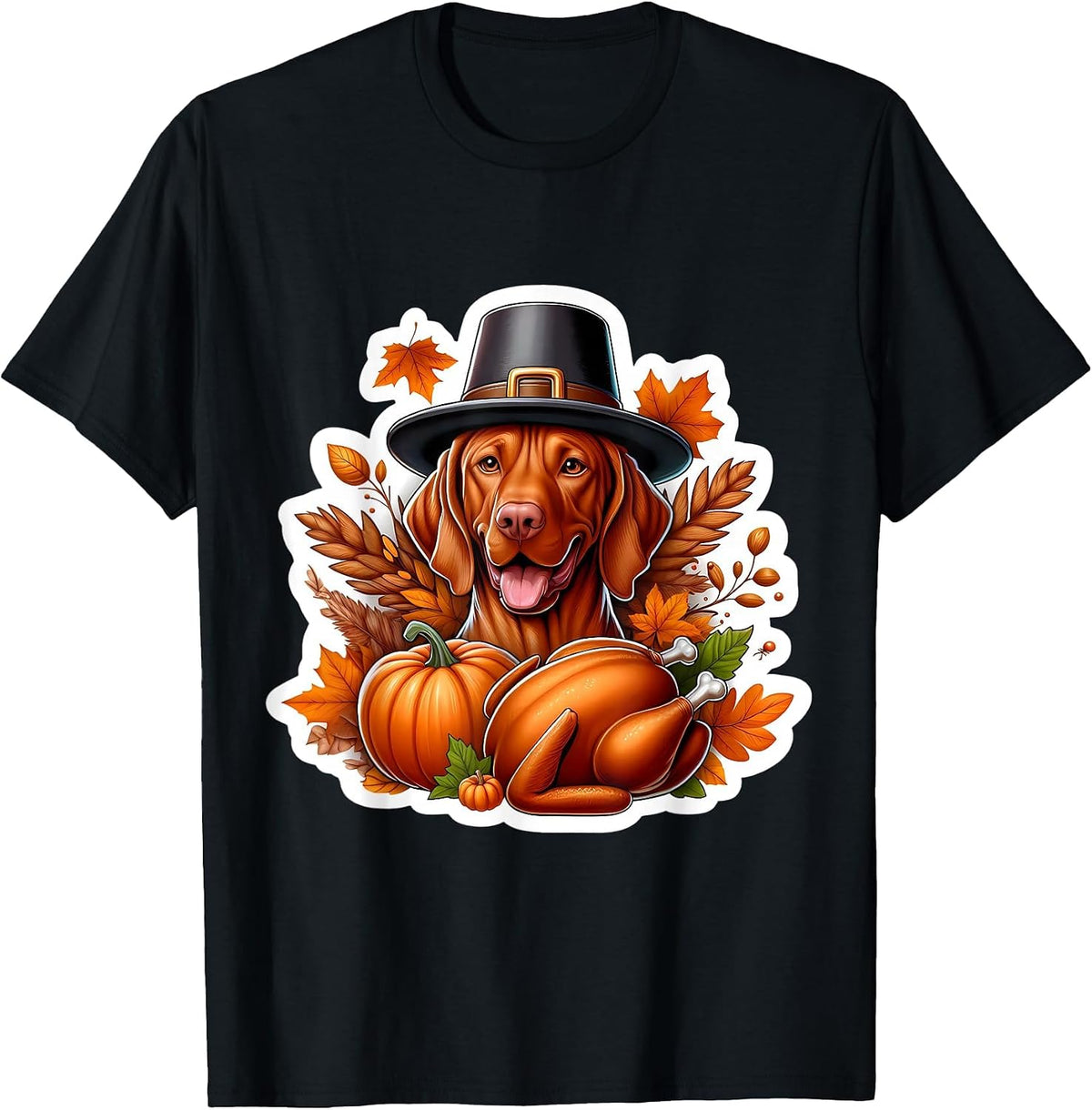 Thanksgiving Vizsla Dog Owner Lover Funny Pilgrim Turkey Mom T-Shirt - Black