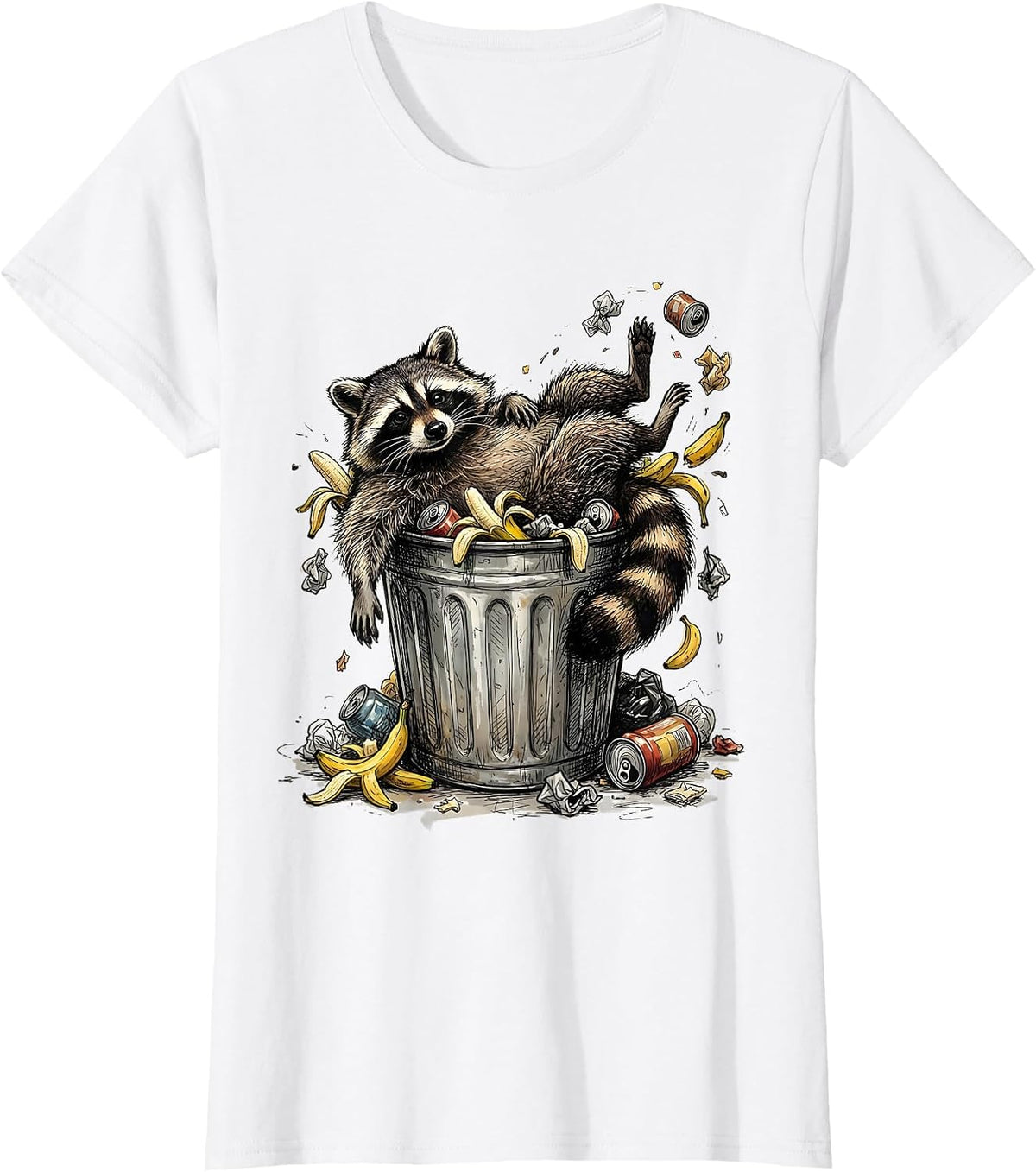 Raccoon Lounging in Trash Can Funny Illustration T-Shirt - White