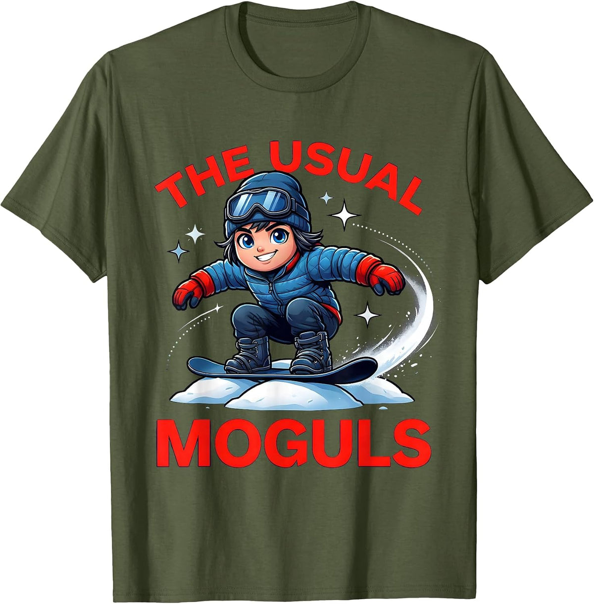 THE USUAL MOGULS Funny Snowboarder Skiing Snow Season T-Shirt - Olive Green