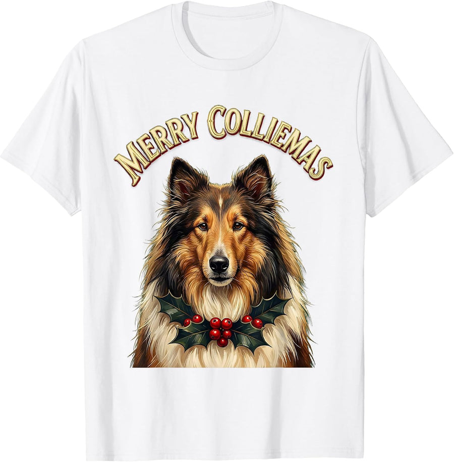 Men's Merry Colliemas Sign Painter Showcard Rough Collie Christmas T-Shirt - White
