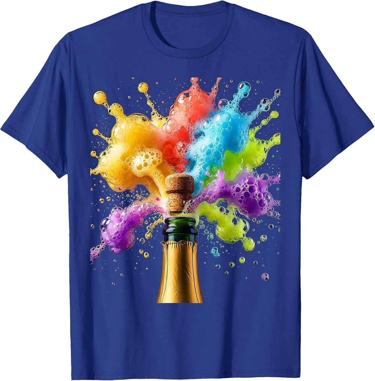Exploding Champagne Bottle Celebration Graphic T-Shirt - Royal Blue