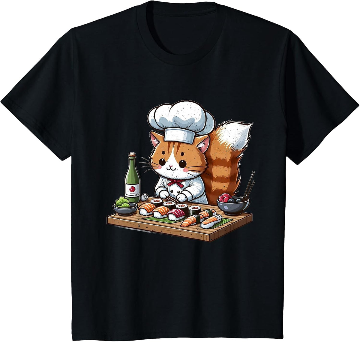 Cat Chef Making Sushi T-Shirt - Black