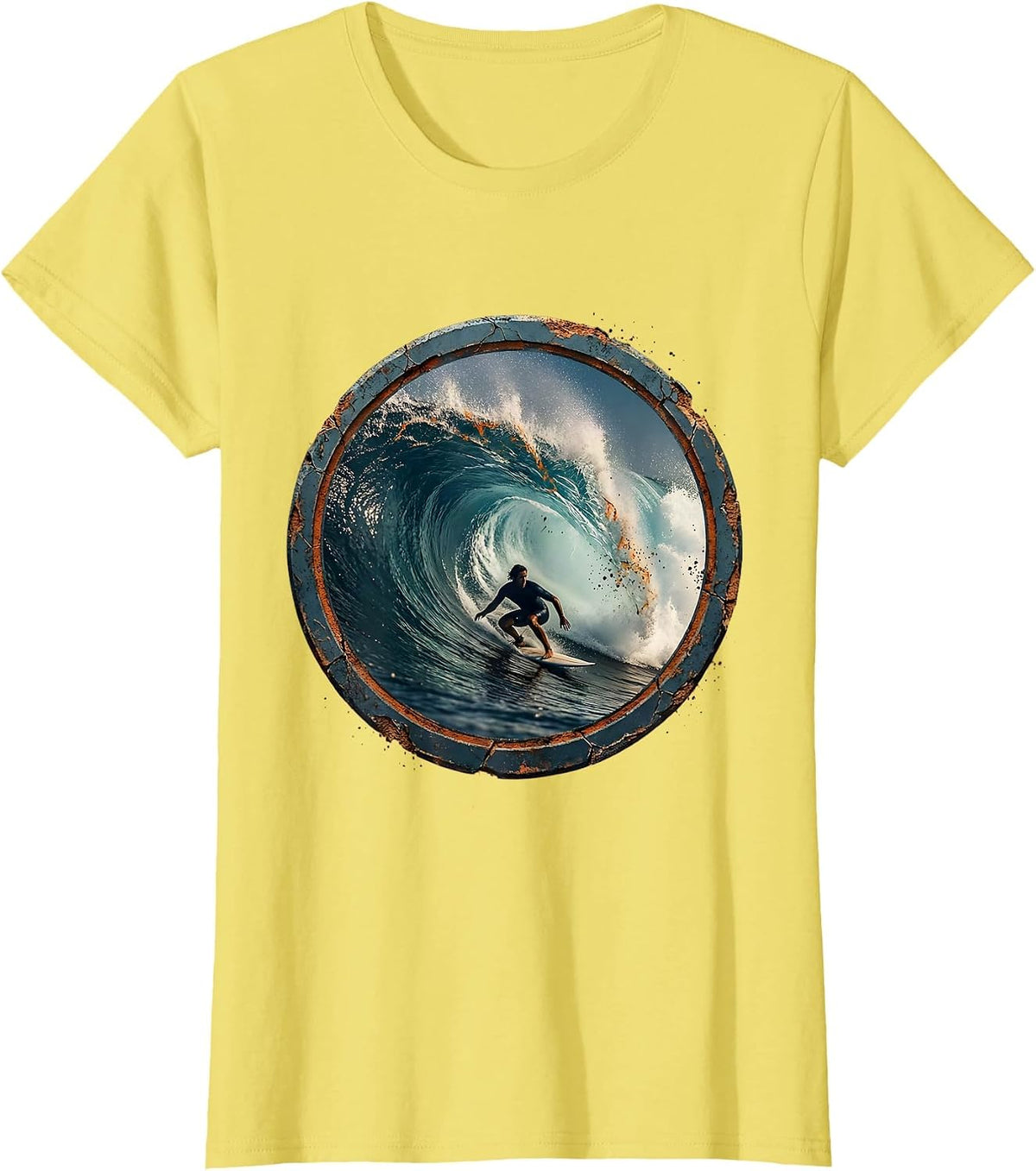 Surfer Silhouette Curling Ocean Wave Graphic T-Shirt - Lemon Yellow