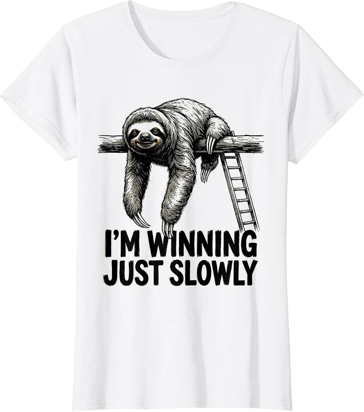 Women's I’m Winning, Just Slowly Funny Sloth Lover Humor T-Shirt - White