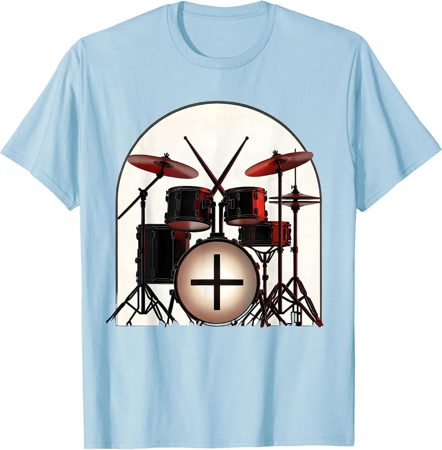 Geometric Drum Kit Church Arch Christian Musician Worship T-Shirt, Men, Baby Blue, XX-Large - As Pictured