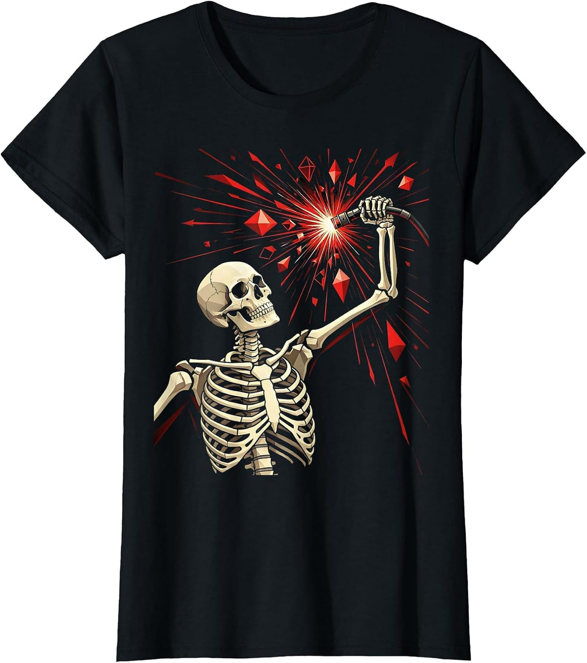 Women's Skeleton Welder Torch Sparks Graphic Tee T-Shirt - Black