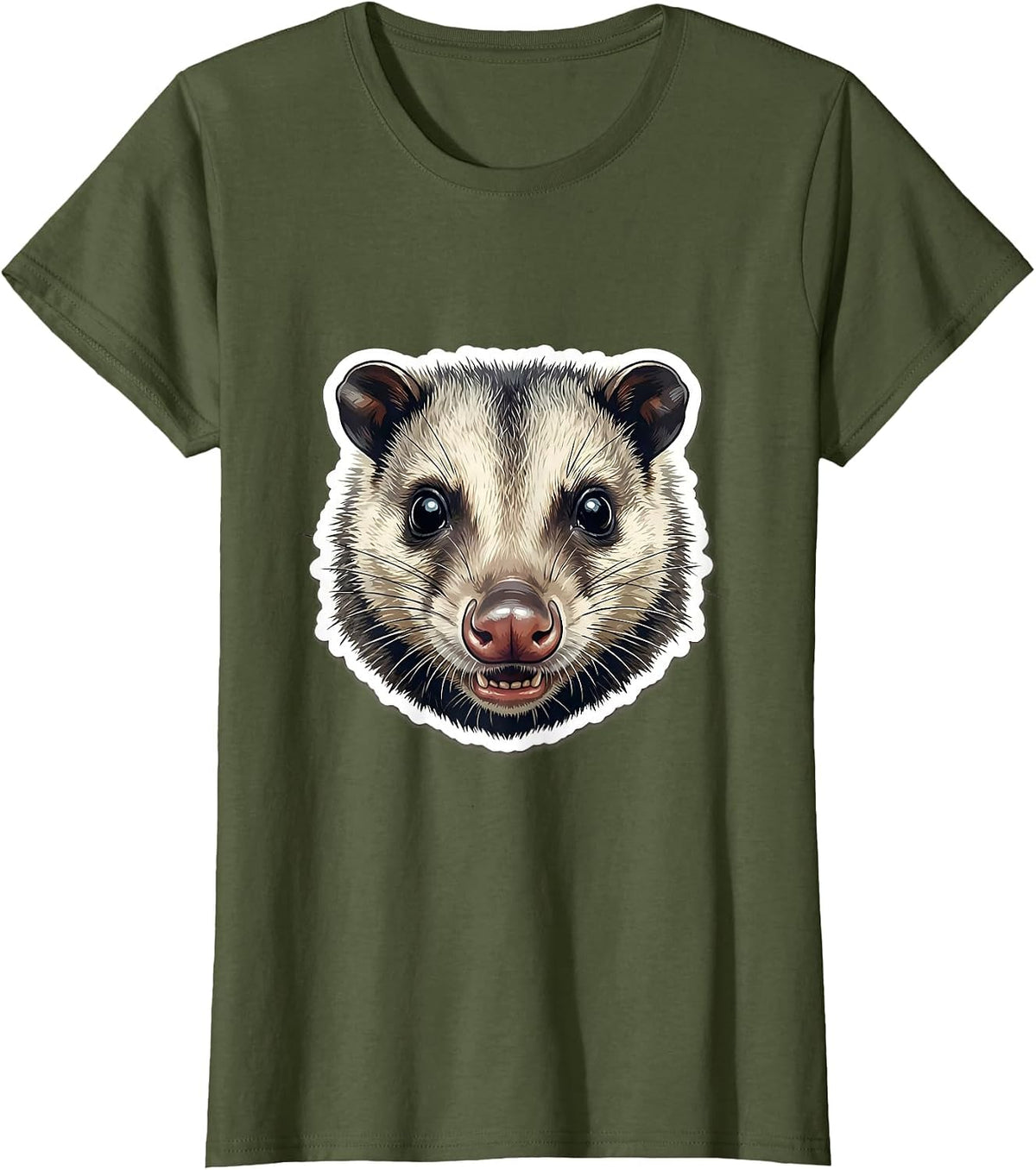 Women's Close-Up Opossum Face Graphic Tee T-Shirt - Olive Green
