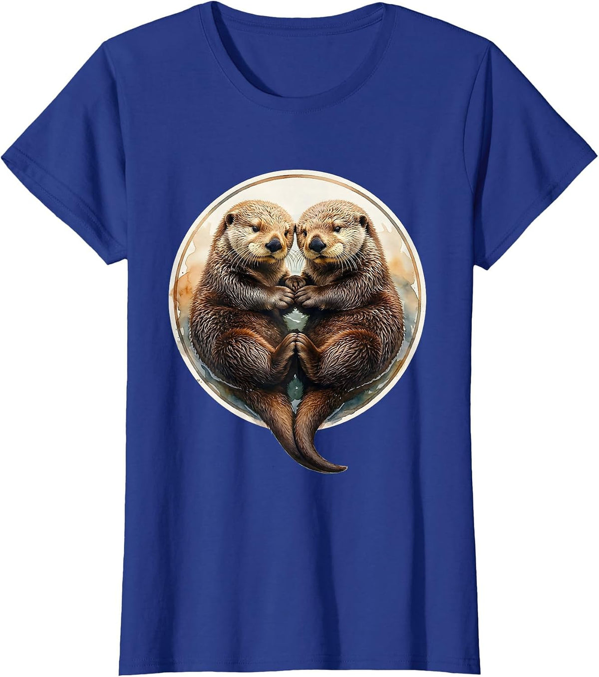 Women's Sea Otter Couple Holding Paws Sleeping Illustration T-Shirt - Royal Blue