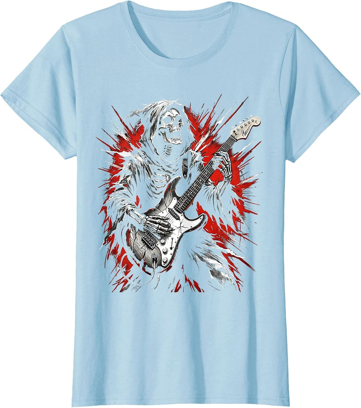 Grim Reaper Guitar Solo Heavy Metal Graphic T-Shirt - Baby Blue