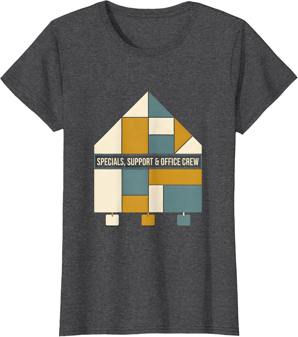 Women's Specials Support Office Crew Quilt Block Patchwork Teacher T-Shirt - Dark Heather Grey