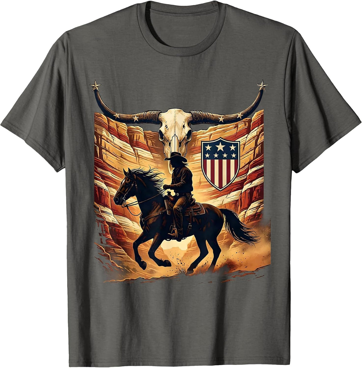 Cowboy Riding Into Canyon at Sunrise T-Shirt - Asphalt Grey