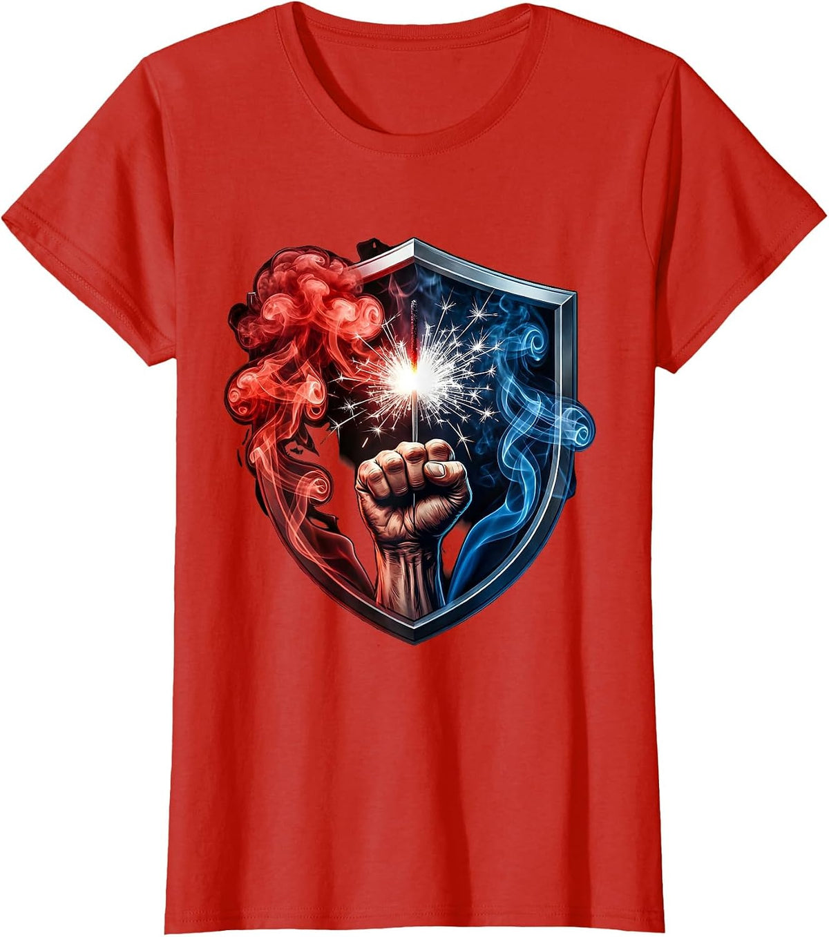 Red White Blue Raised Fist Sparkler Patriotic Design T-Shirt - Red
