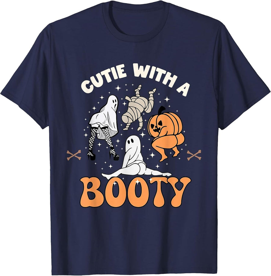 Cutie with A Booty Halloween Joke Twerking Ghost Splits Heel T-Shirt - Navy Blue