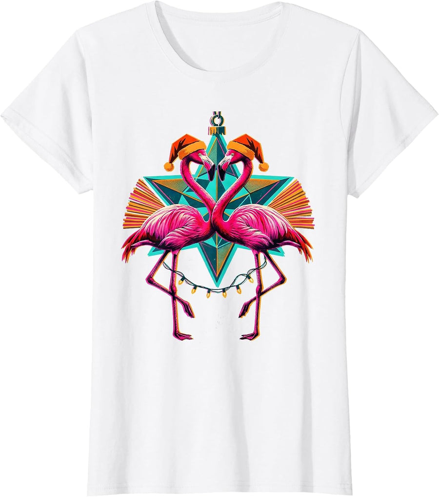 Women's Pink Flamingo Star Ornament Risograph Holiday T-Shirt - White