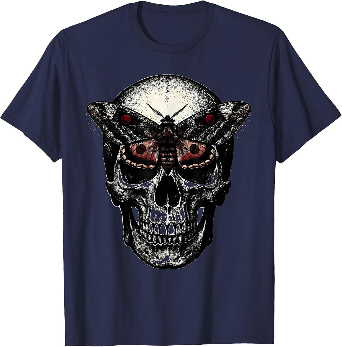 Skull and Moth Gothic Nature Illustration T-Shirt - Navy Blue