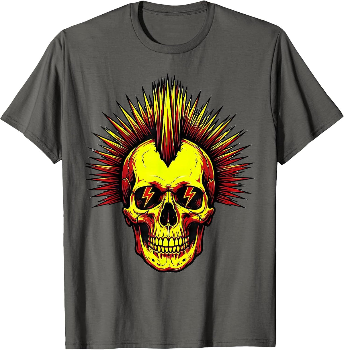 Punk Rock Mohawk Skull Lightning Bolt Eyes T-Shirt - Asphalt Grey