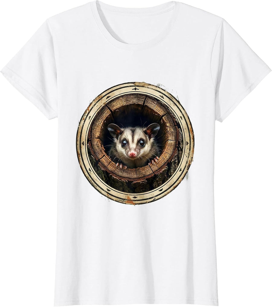 Women's Wide-Eyed Opossum Emerging From Hollow Log T-Shirt - White