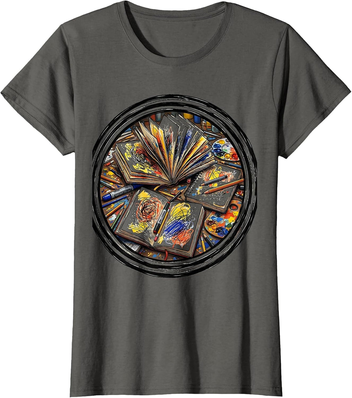 Women's Art Teacher Sketchbook Desk Illustration T-Shirt - Asphalt Grey