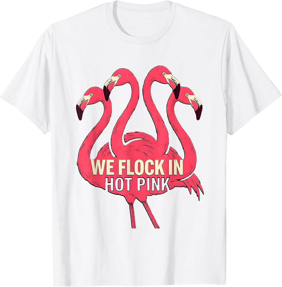 Men's We Flock In Hot Pink Funny Flamingo Family Vacation Matching T-Shirt - White