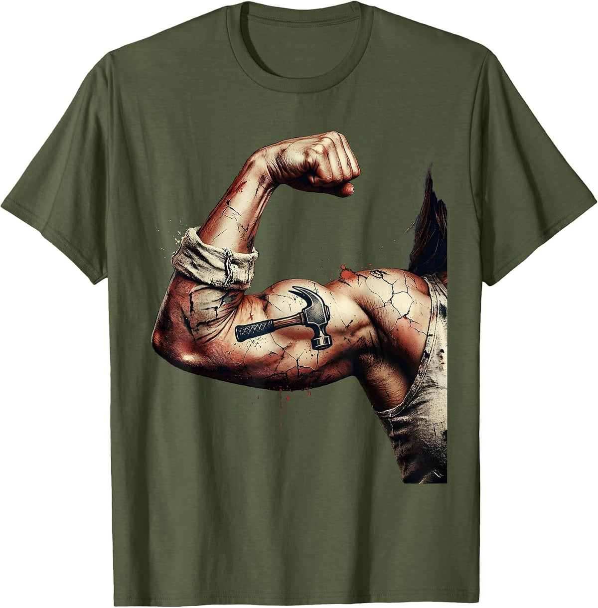 Labor Day Strong Arm Hammer Tattoo Graphic T-Shirt - Olive Green