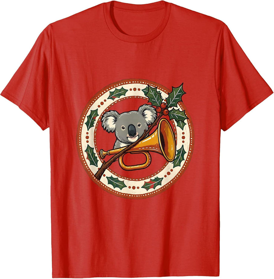 Men's Koala Christmas Folk Art Badge Cute Aussie Animal Lover T-Shirt - Red