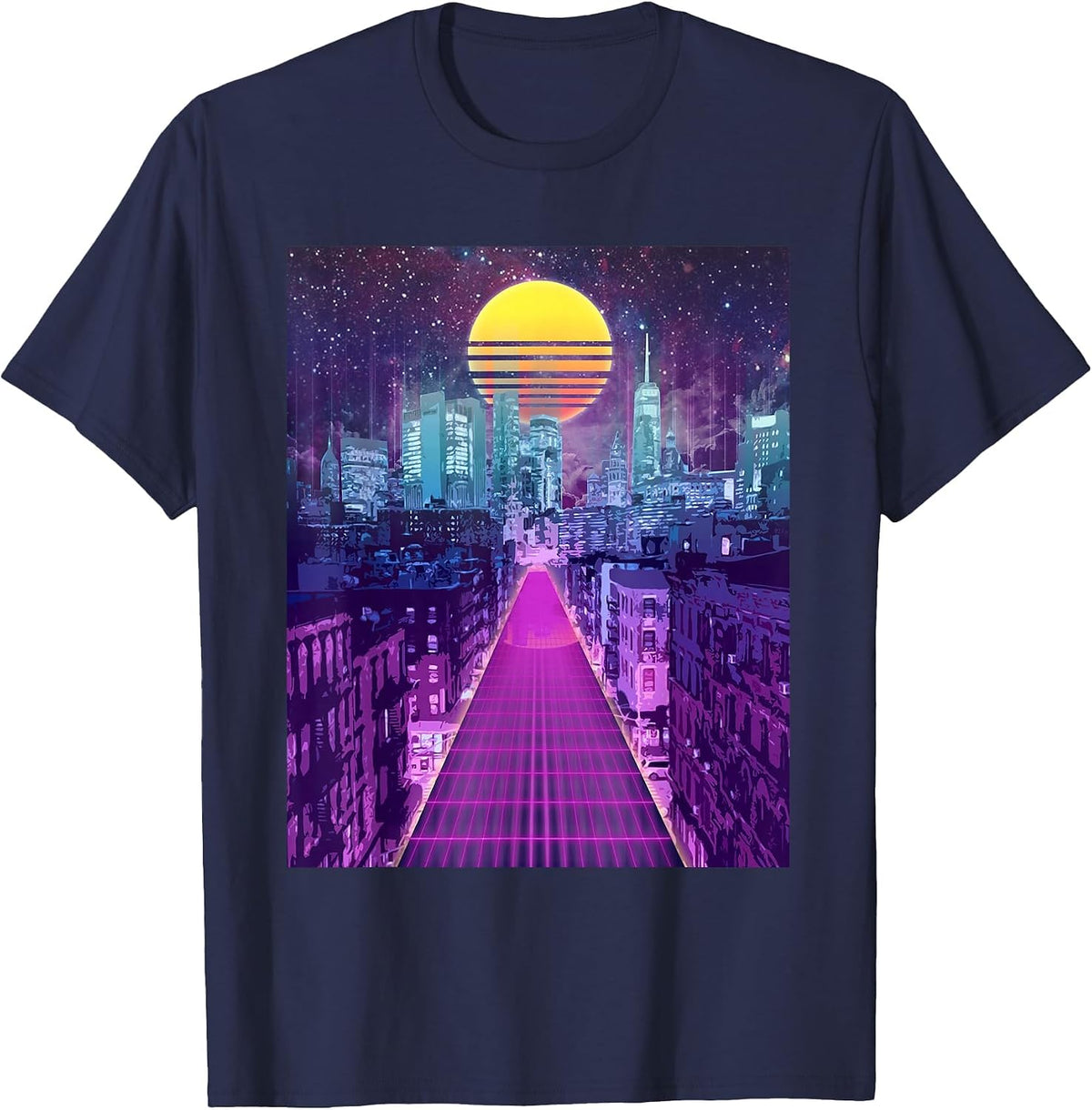 Digital Cityscape Retro Vaporwave Aesthetic Skyline Art T-Shirt - Navy Blue
