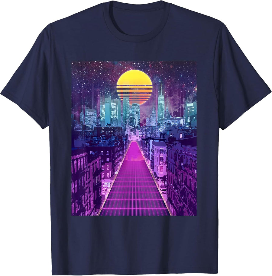 Digital Cityscape Retro Vaporwave Aesthetic Skyline Art T-Shirt - Navy Blue