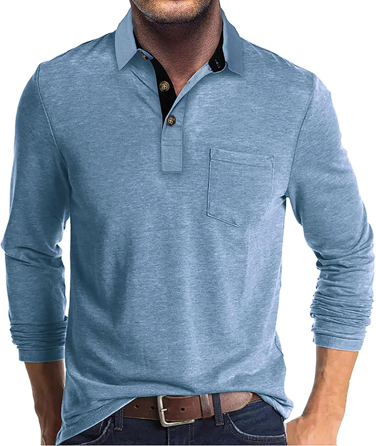 Men's Long Sleeve Polo Shirt Contrast Collar Button Golf Casual Top - Light Blue