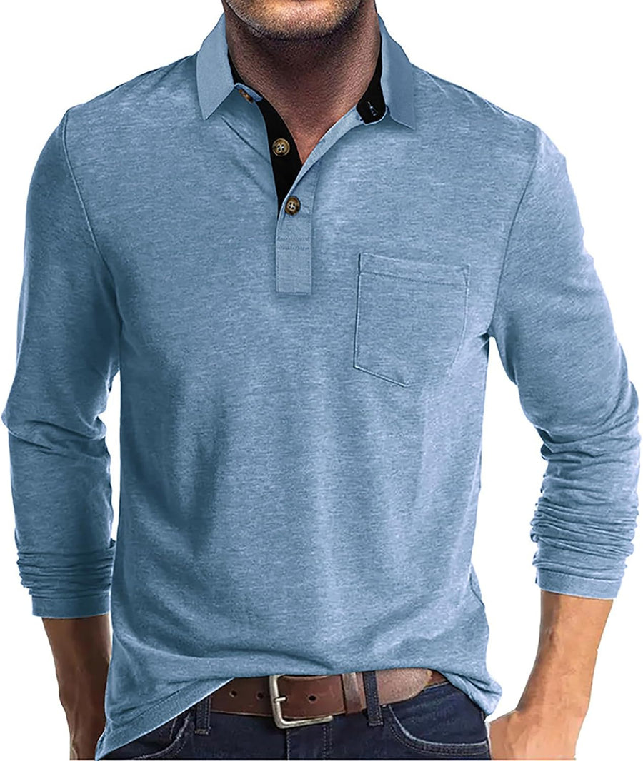 Men's Long Sleeve Polo Shirt Contrast Collar Button Golf Casual Top - Light Blue
