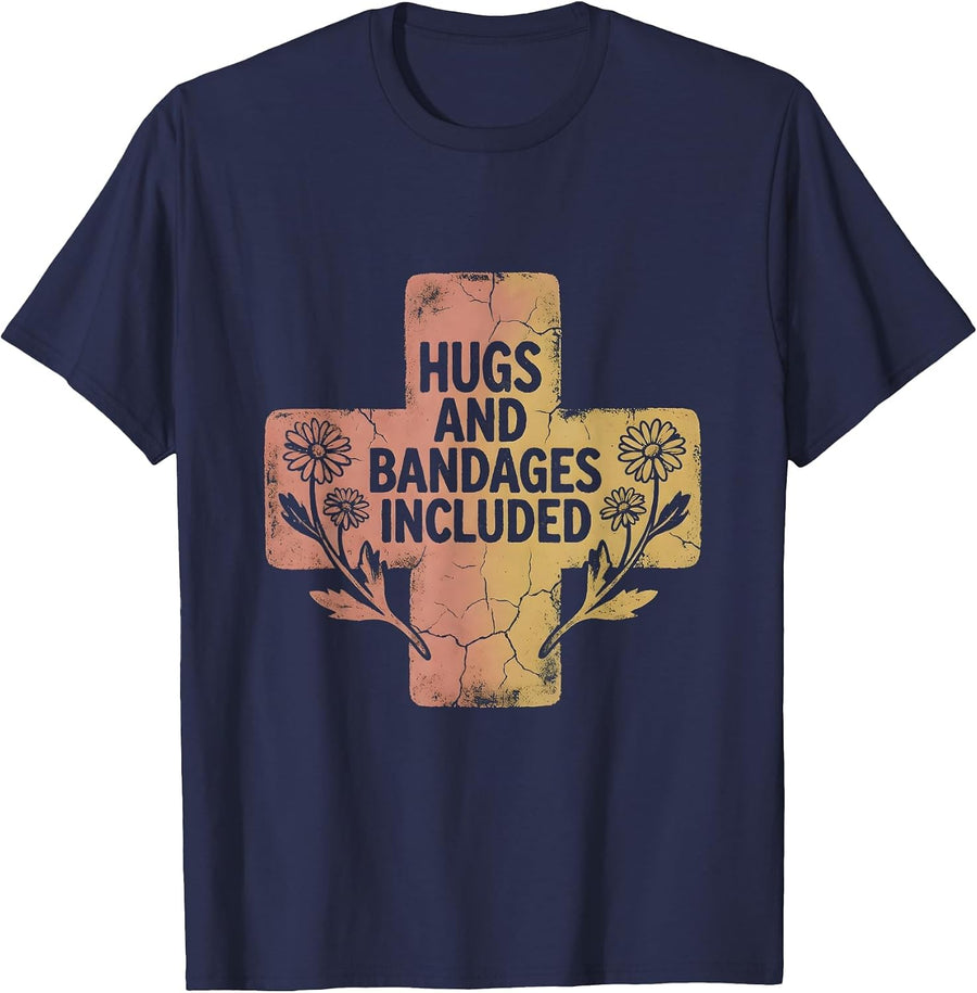 Hugs and Bandages Included School Nurse Design T-Shirt - Navy Blue
