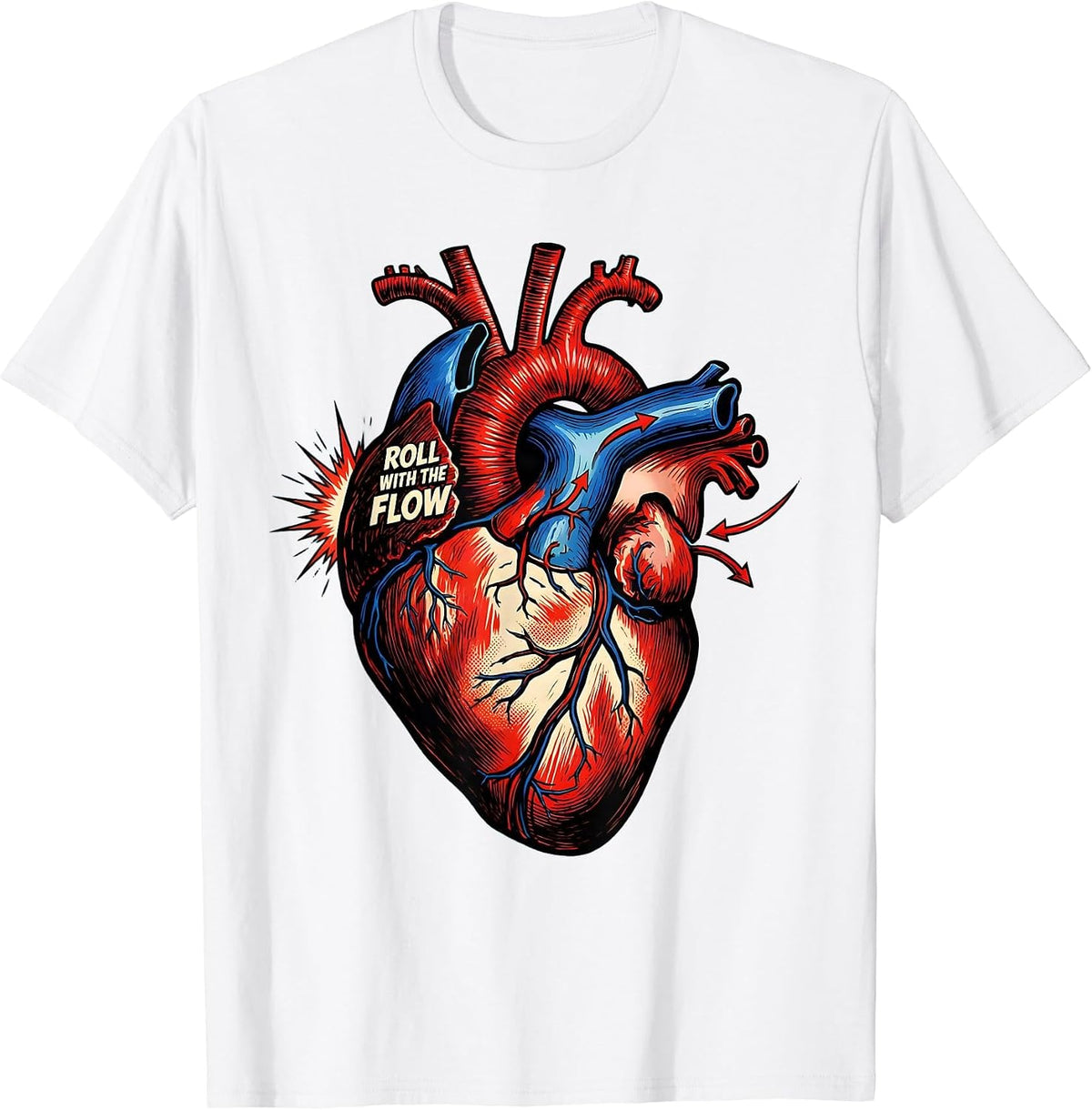 Men's Roll With The Flow Comic Book Cardiac Nurse Anatomy Humor T-Shirt - White