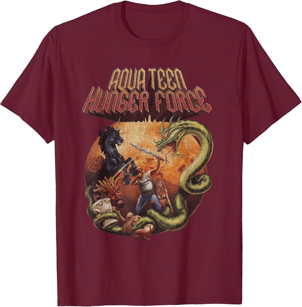 ATHF Vintage Heavy Metal Fantasy Scene with Cast Cartoon T-Shirt - Burgundy