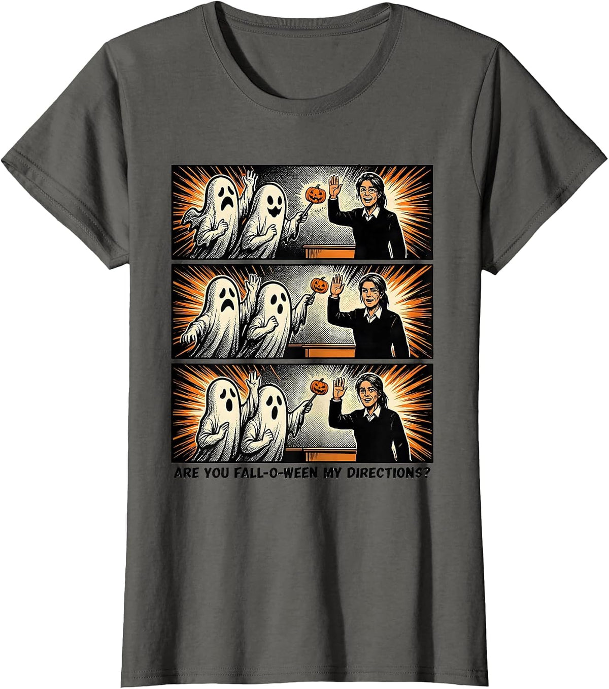 Women's Are You Fall-O-Ween My Directions Comic Book Teacher Ghost T-Shirt - Asphalt Grey