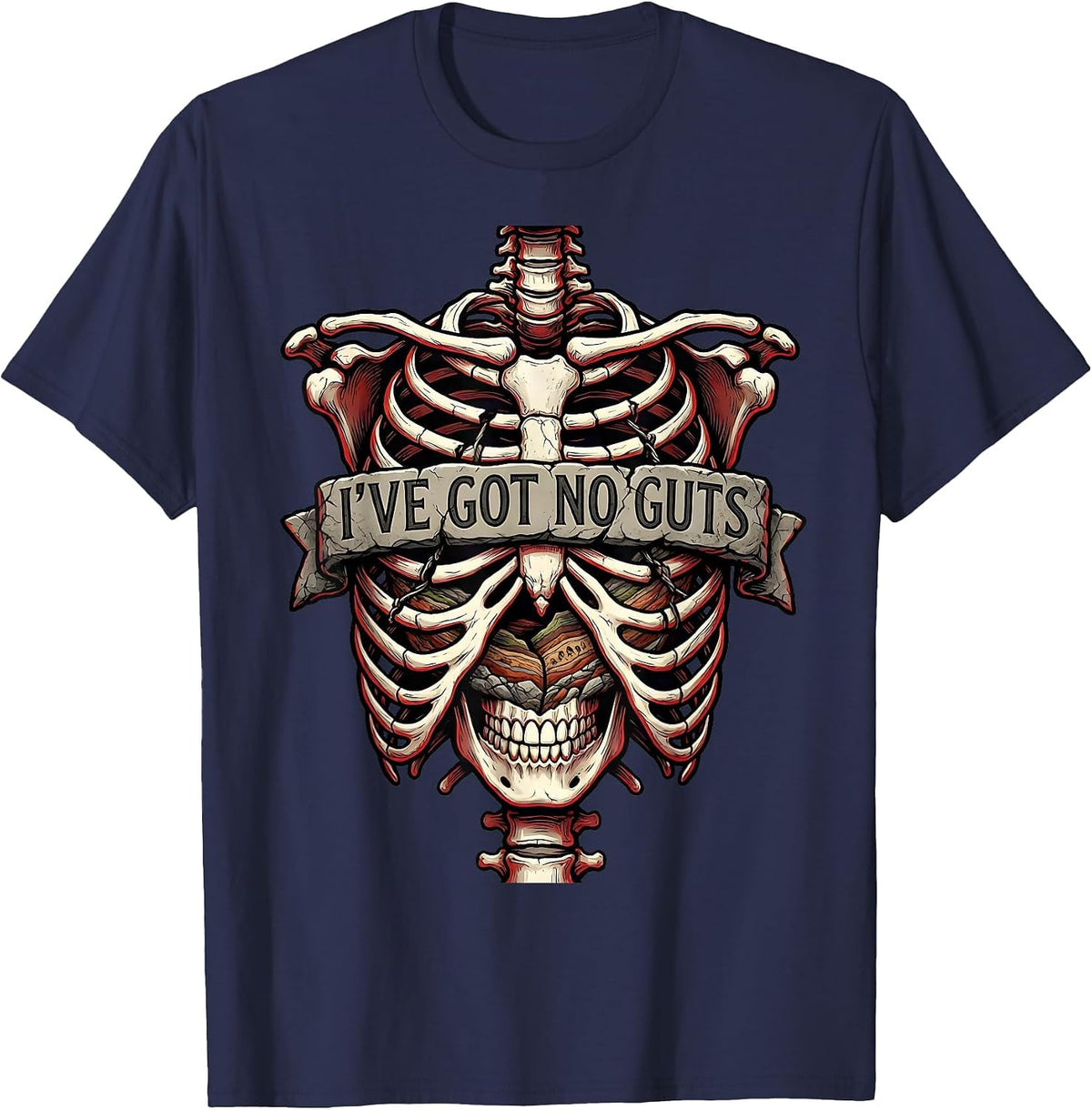 Men's I've Got No Guts Funny Halloween Geology Skeleton T-Shirt - Navy Blue