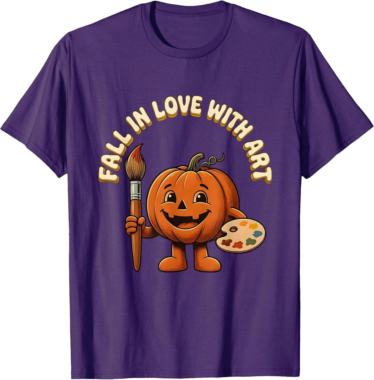 Fall In Love With Art Retro Teacher Halloween Pumpkin T-Shirt - Purple