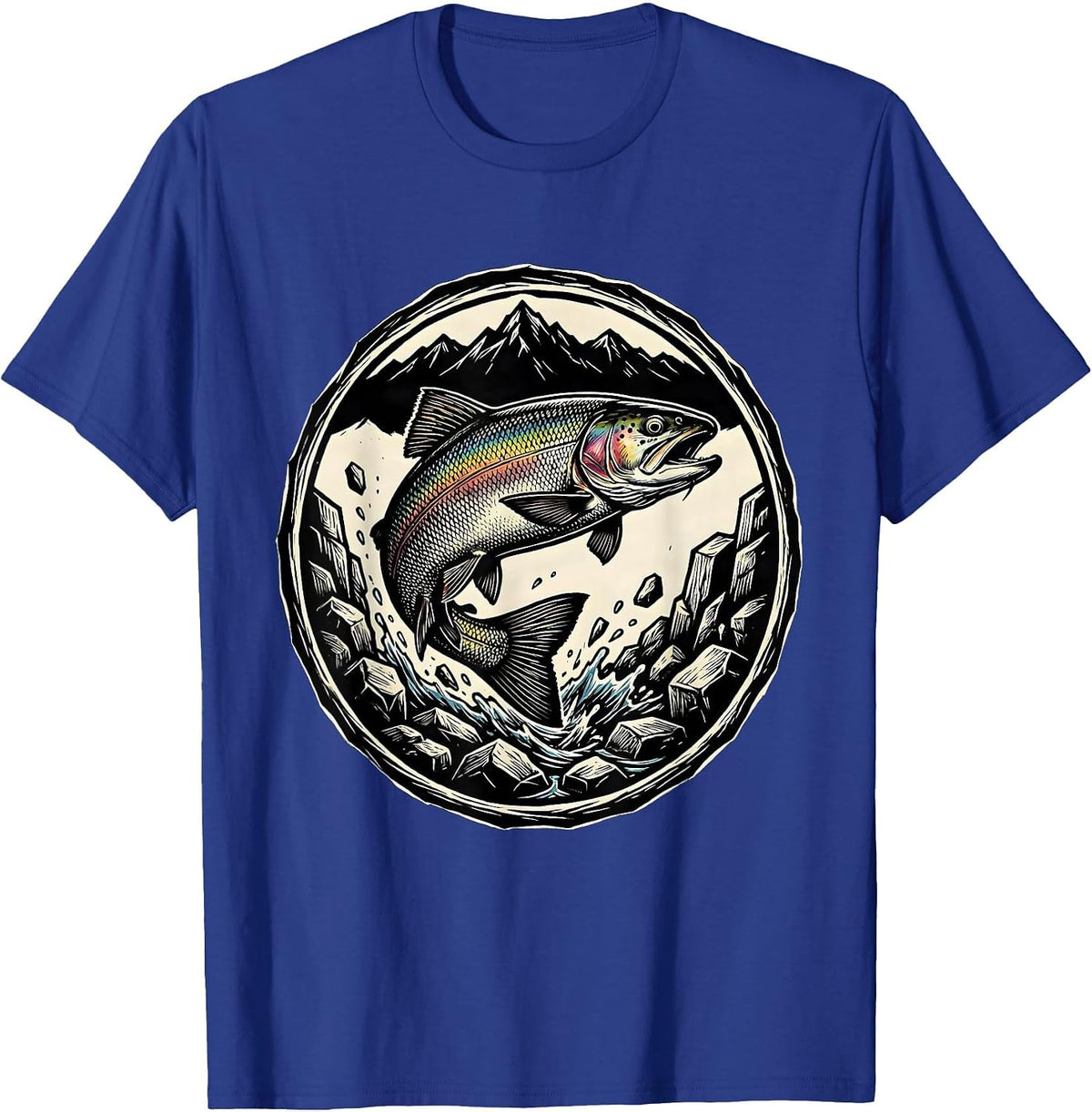 Trout Jumping Rocky Mountain Stream Fishing T-Shirt - Royal Blue