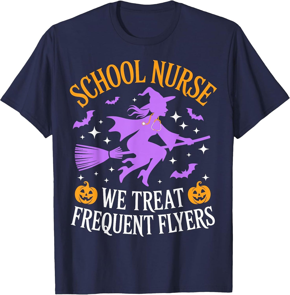 School Nurse We Treat Frequent Flyers Witch Ghost Halloween T-Shirt - Navy Blue