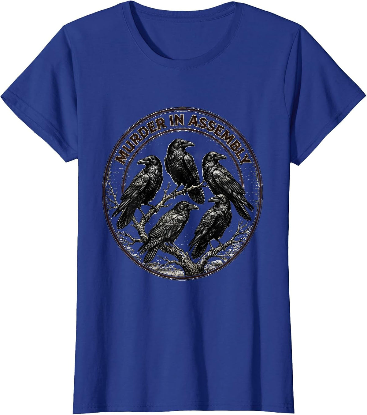 Women's Murder In Assembly Crosshatch Etching Crow Lover Bird Humor T-Shirt - Royal Blue