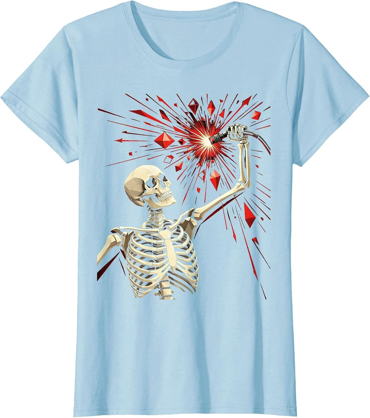 Women's Skeleton Welder Torch Sparks Graphic Tee T-Shirt - Baby Blue
